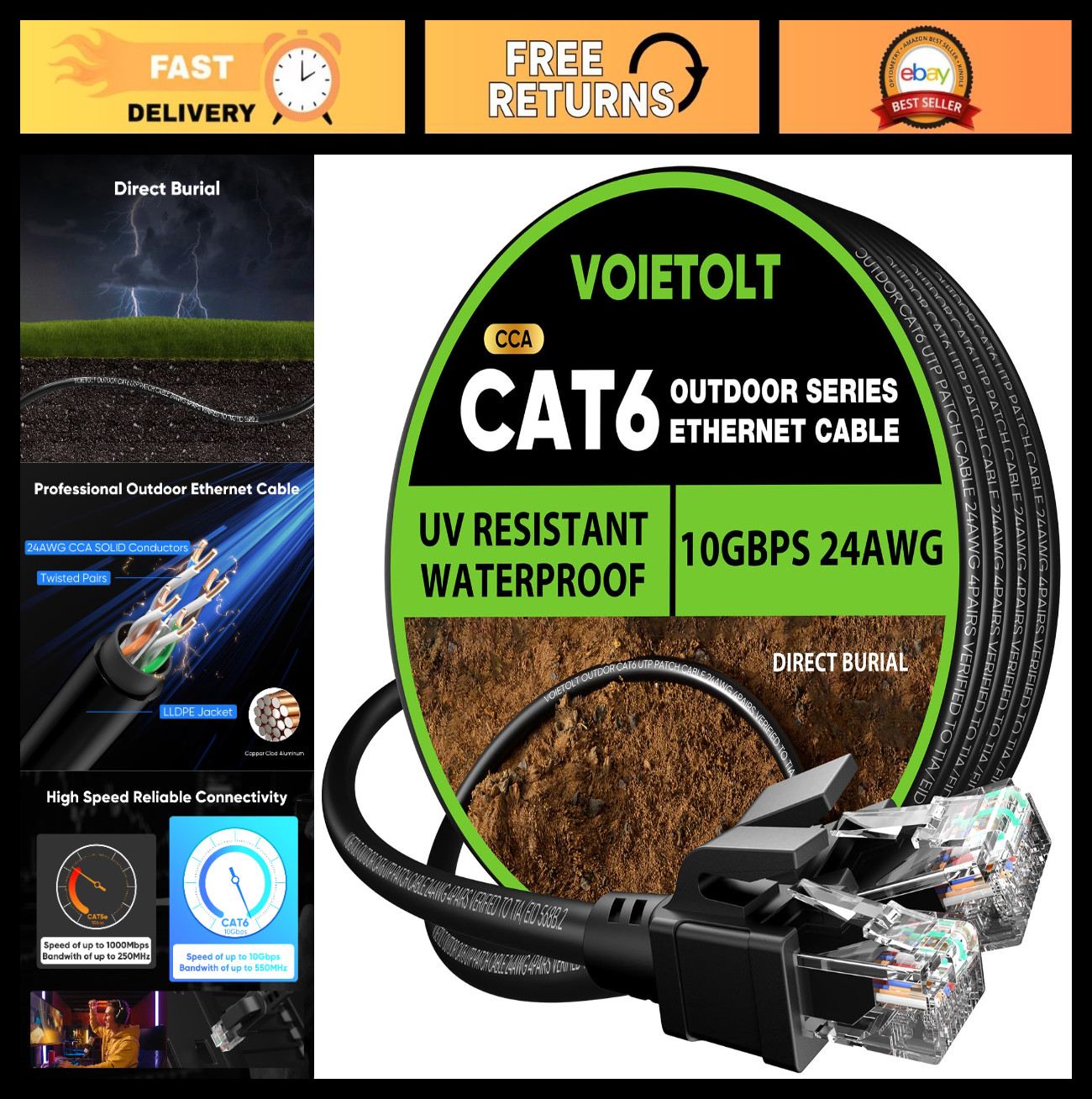 200ft Cat 6 Outdoor Ethernet Cable, 10Gbps Waterproof Direct Burial, UV Jacket,