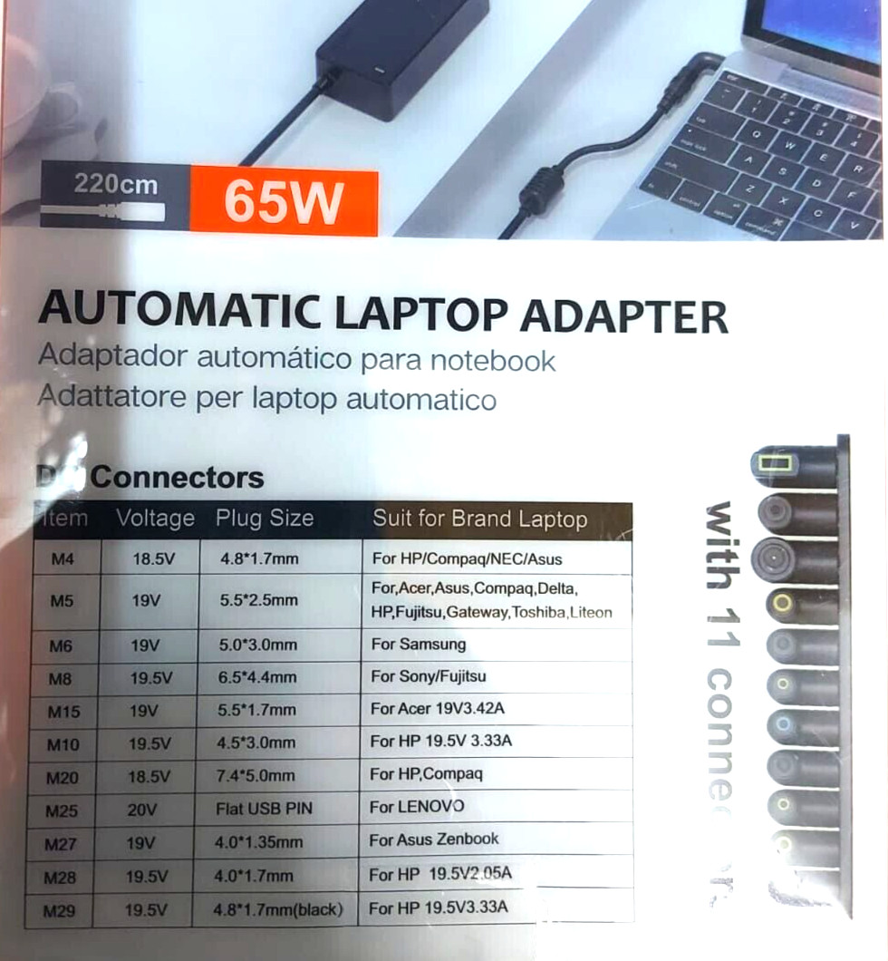 Universal Laptop Computer Charger 65W 220Cm With 11 Connectors