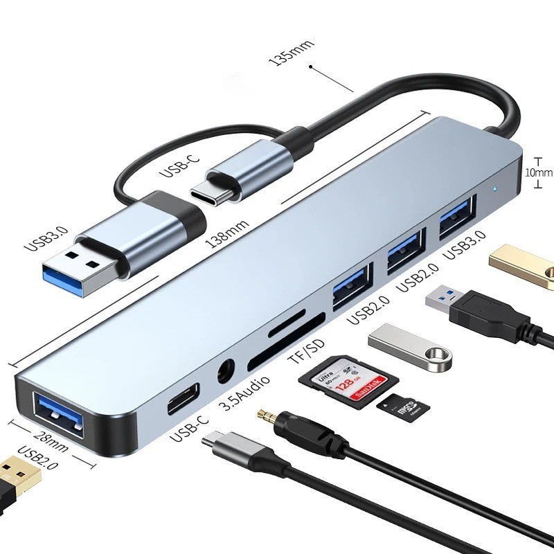8 in 2 USB+Type C HUB Docking Station with 3.5mm Audio Adapter for Micro 1Pc