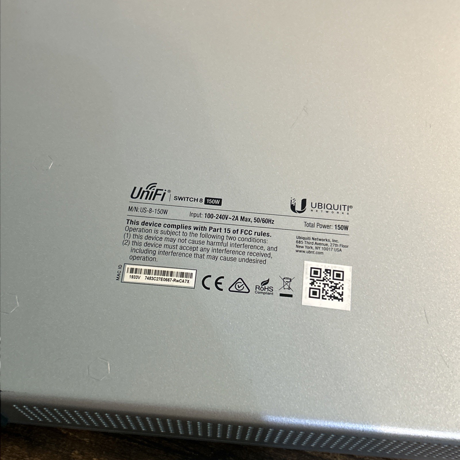 Ubiquiti UniFi US-8-150W 8-Port PoE Gigabit Switch 150W w Power Cord Tested Gray