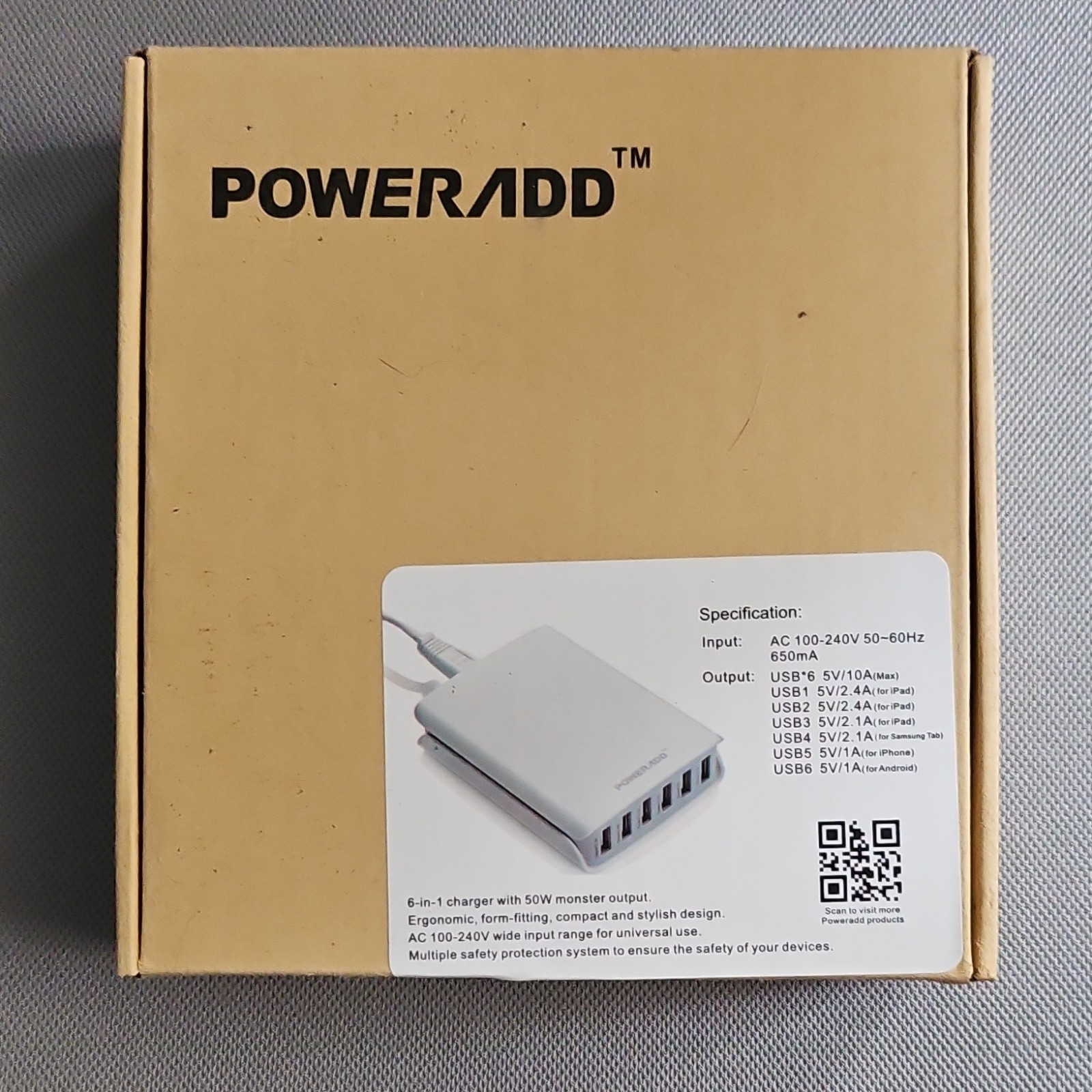 Poweradd 6-Port USB Hub/Splitter Box Powered White AR-2815