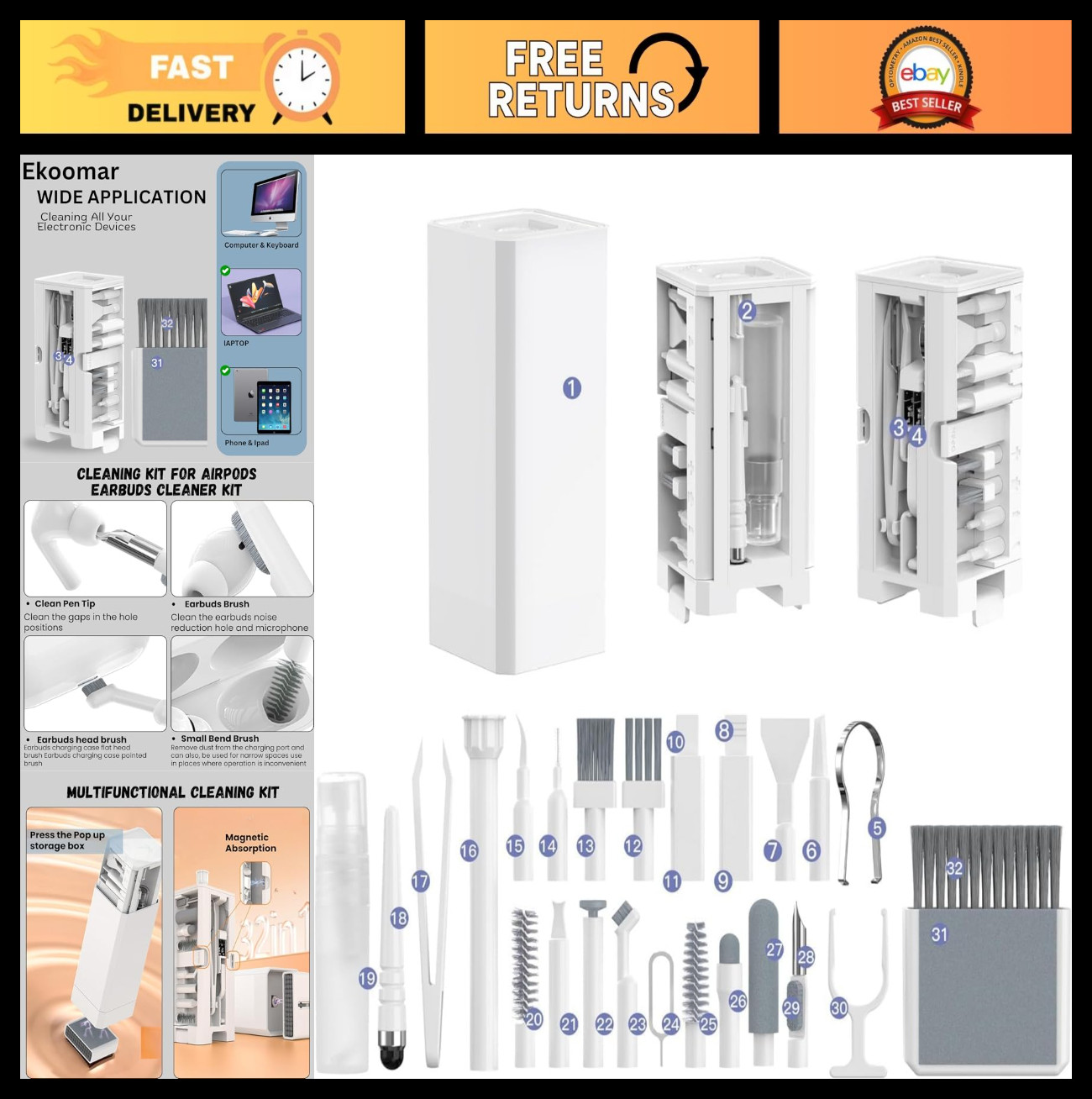 32-in-1 Electronics Cleaning Kit for Keyboard, Phone, Laptop & Tech Gadgets – Wh