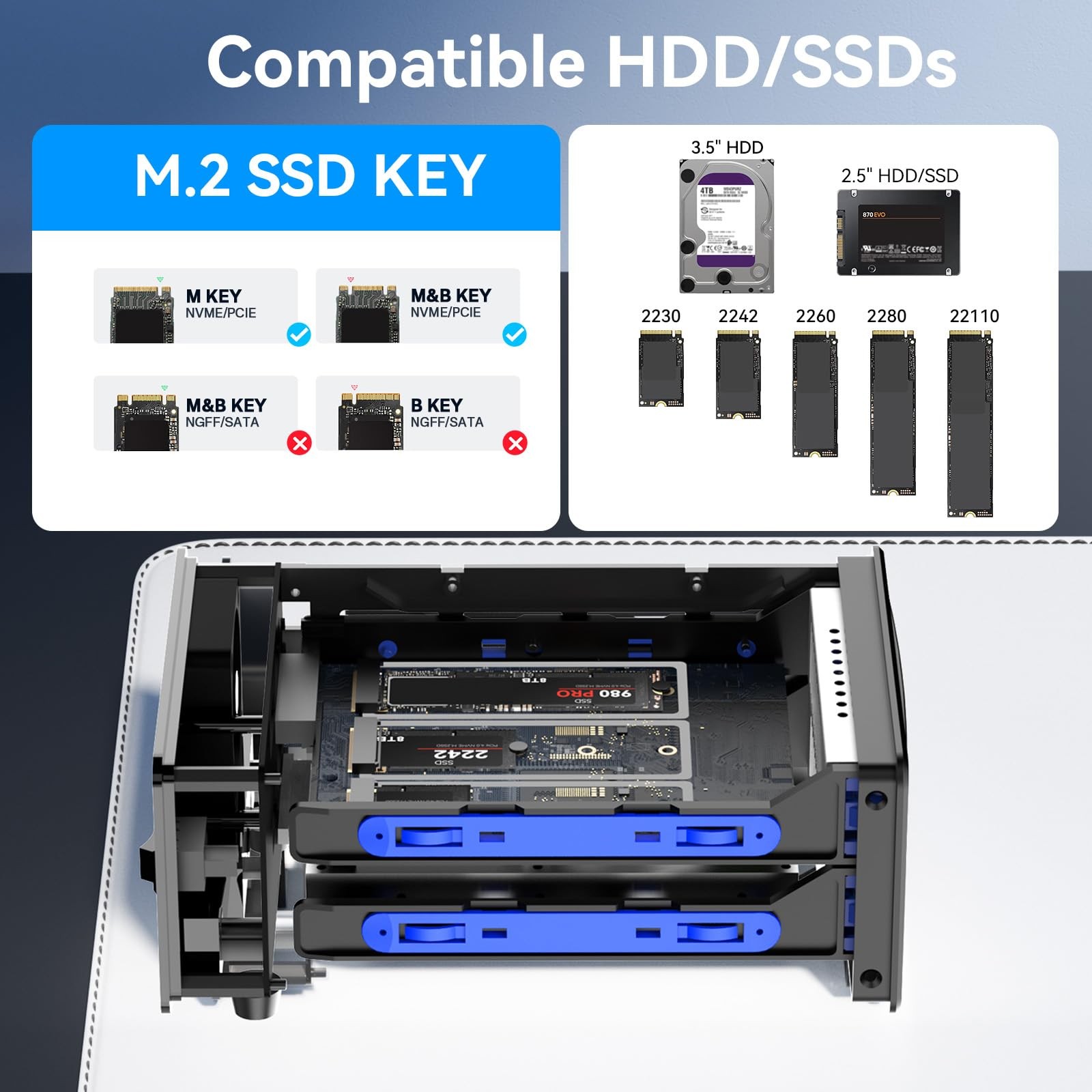 CENMATE Hybrid 2.5/3.5″ SATA HDD/SSD+3* M / B+M Key M.2 NVMe 4 bay, Black
