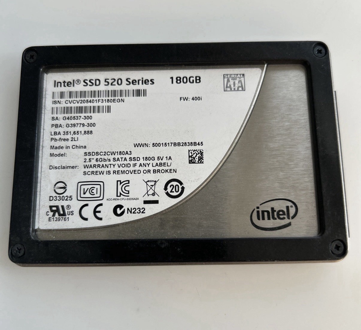 Intel SSDSC2CW180A3 SSD 520 180GB 2.5″ SATA 6Gbps SSD Hard Drive CD Passed