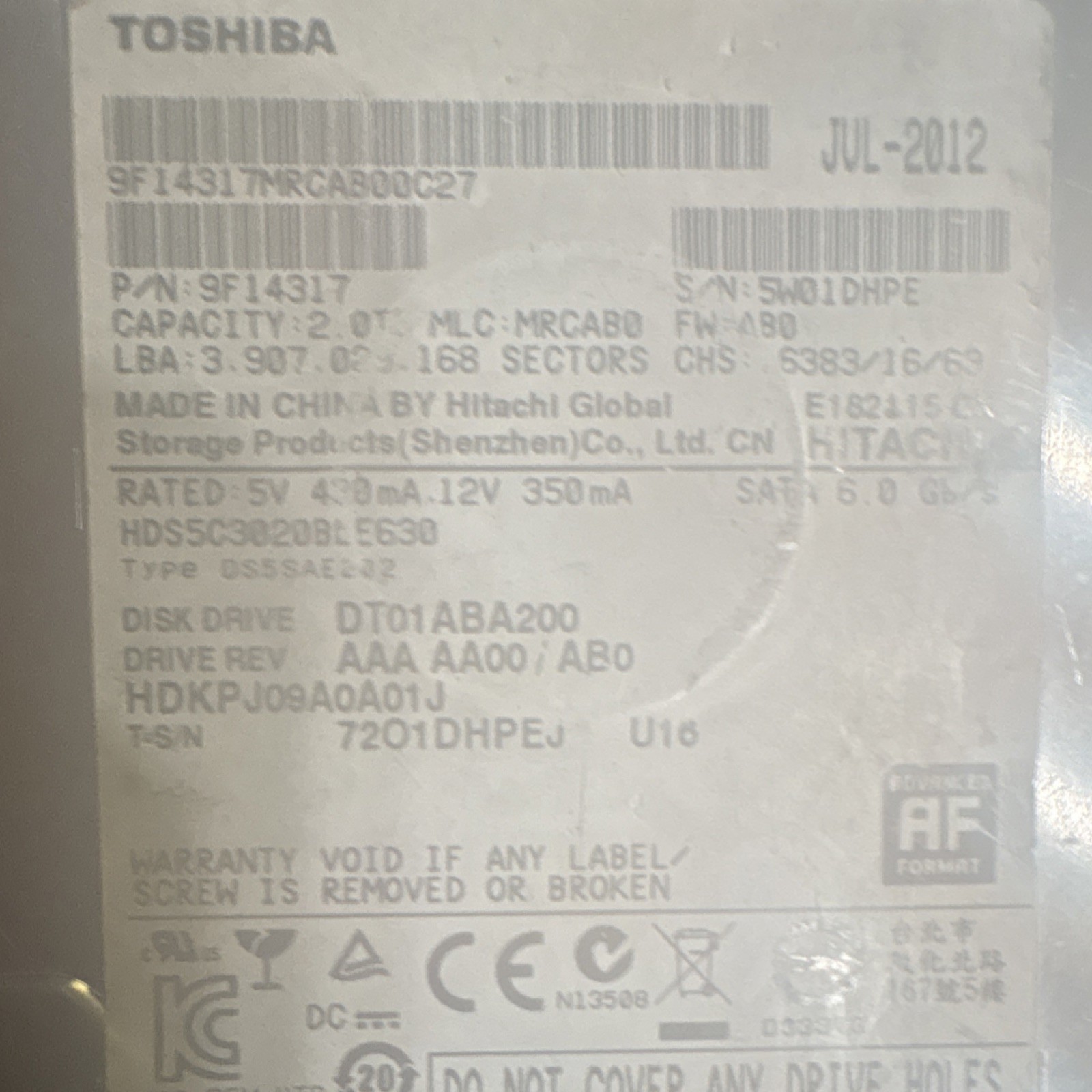 Toshiba DT01ABA200 2TB 7200RPM SATA III 3.5″ 64MB Advanced Format HDD