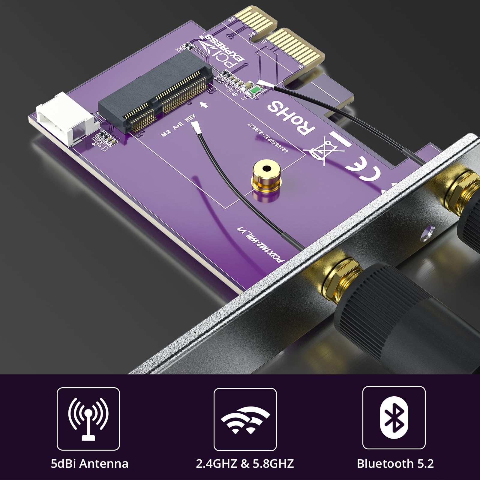 PCIe x1 to M.2 WiFi Bluetooth M.2/NGFF (A+E Key) Bluetooth, Black