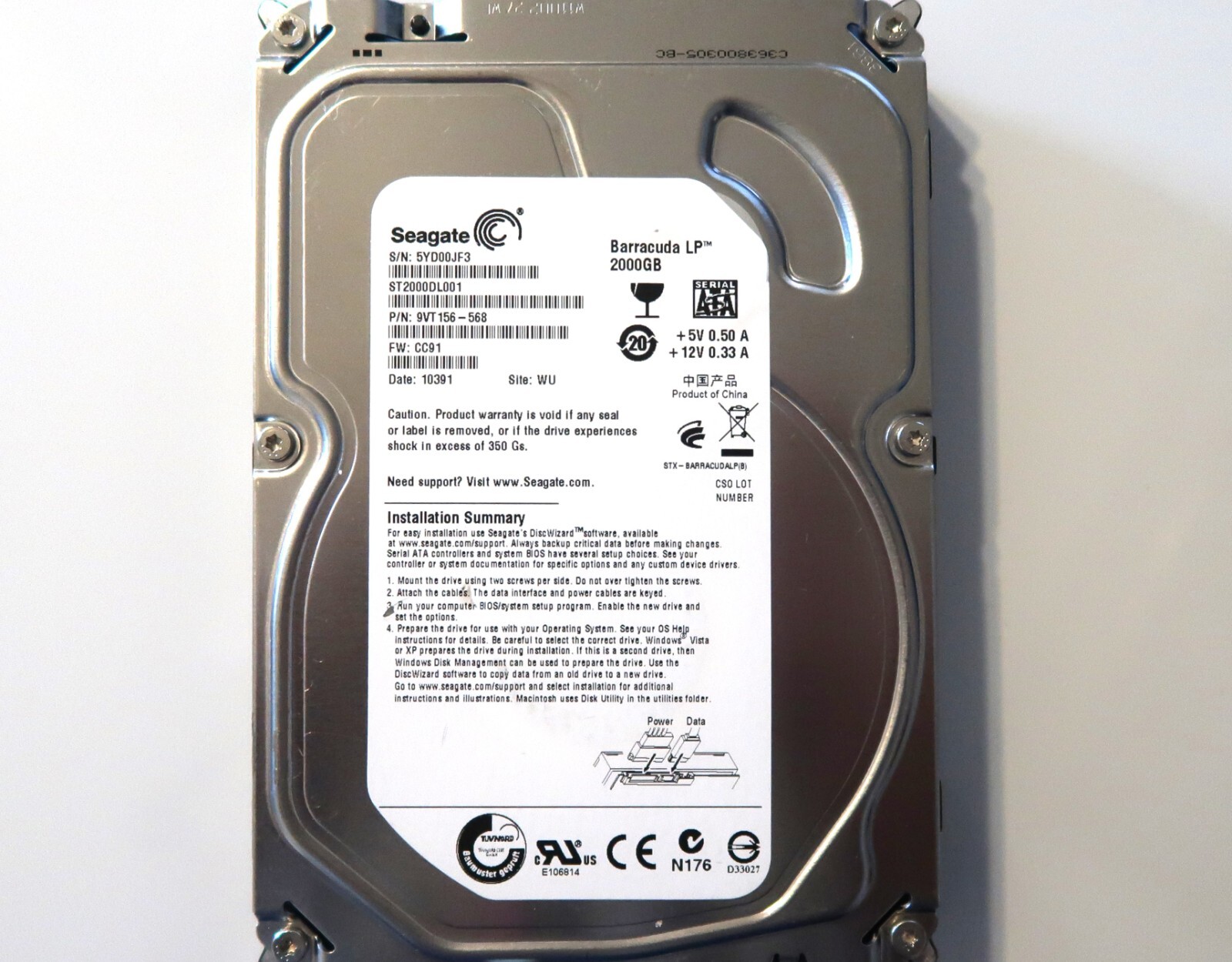 Seagate ST2000DL001 9VT156-568 CC91 WU China (5YD0) 3.5″ 2.0TB Sata MAR-2010