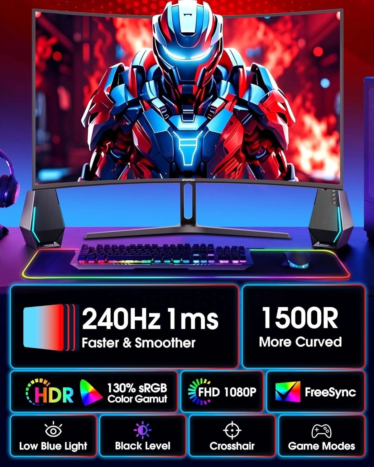 27 Inch Curved 240Hz Gaming Monitor FHD 1080P, 1500R Curve Computer Monitor, …