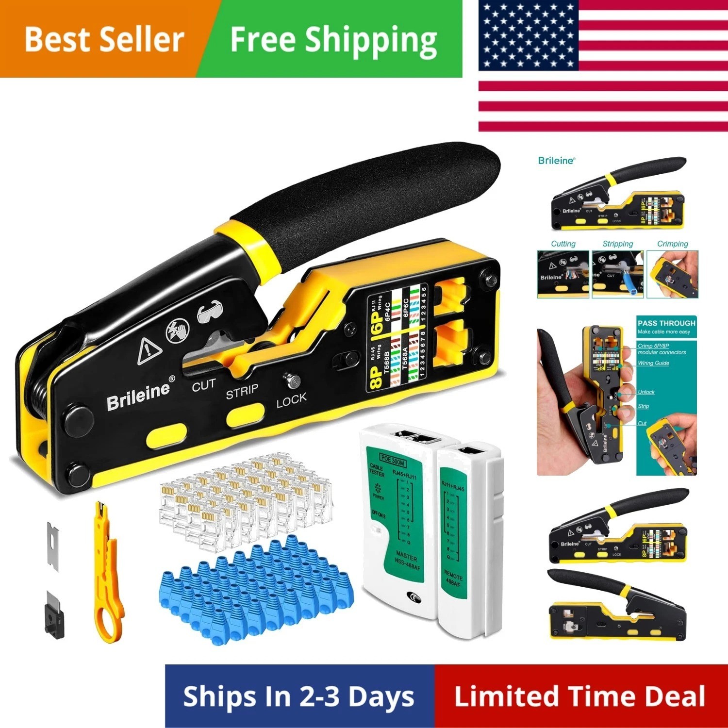 RJ45 Crimp Tool Pass Through Kit Ethernet Crimper Cat5 Cat5e Cat6 Crimping To…
