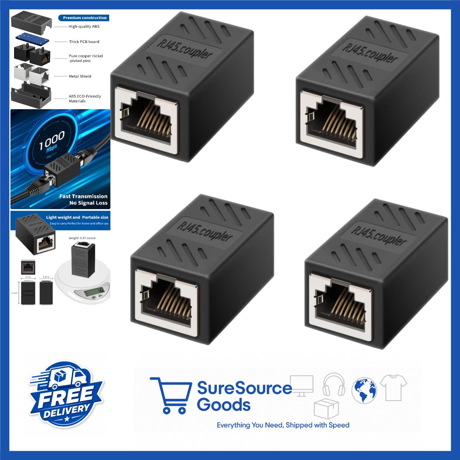 Black RJ45 Coupler Ethernet Network Cable Extender 4 Pcs for Home Office
