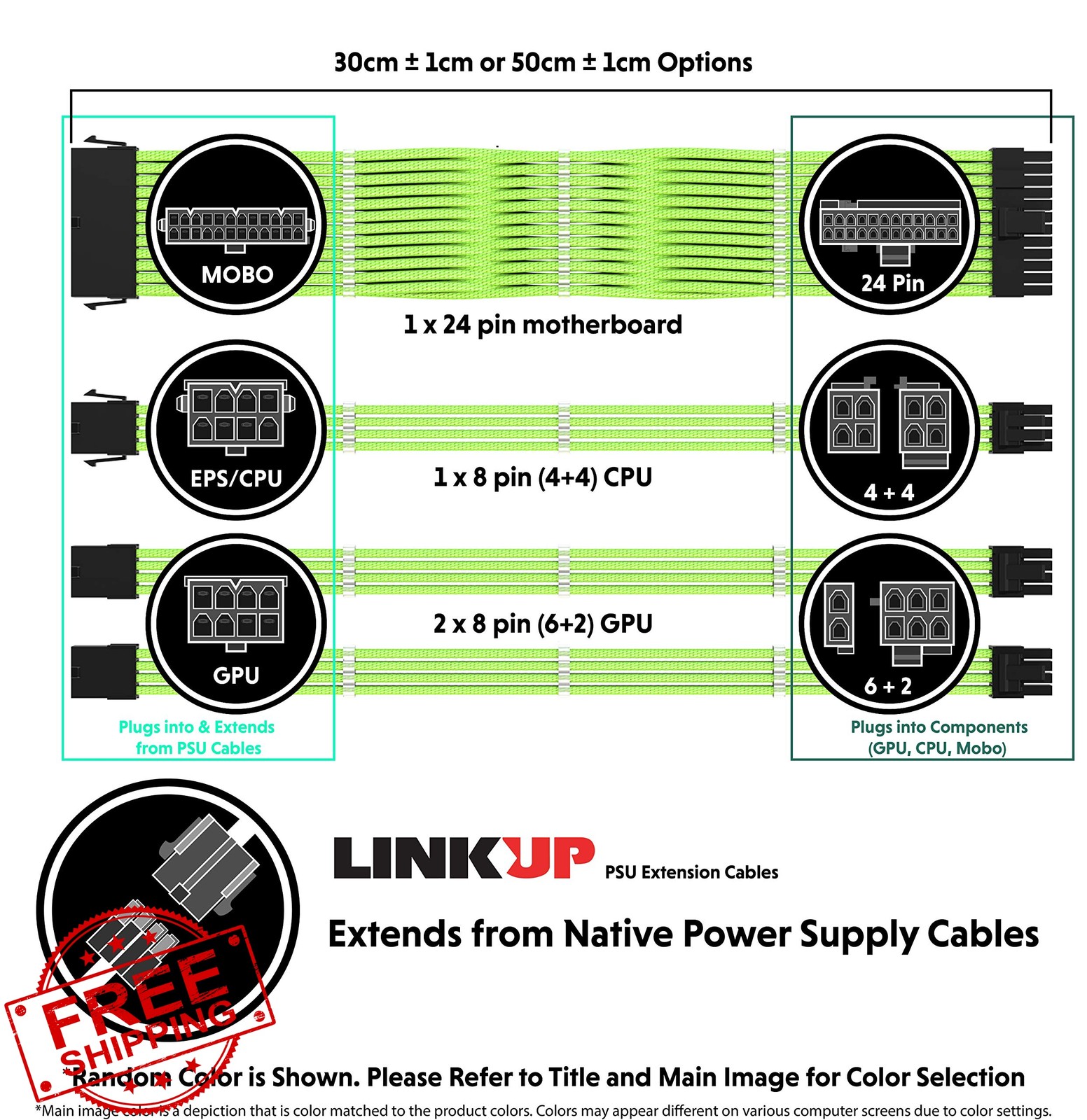 LINKUP – AVA 30cm PSU Cable Extension Sleeved Custom Mod GPU PC Braided w/Com…