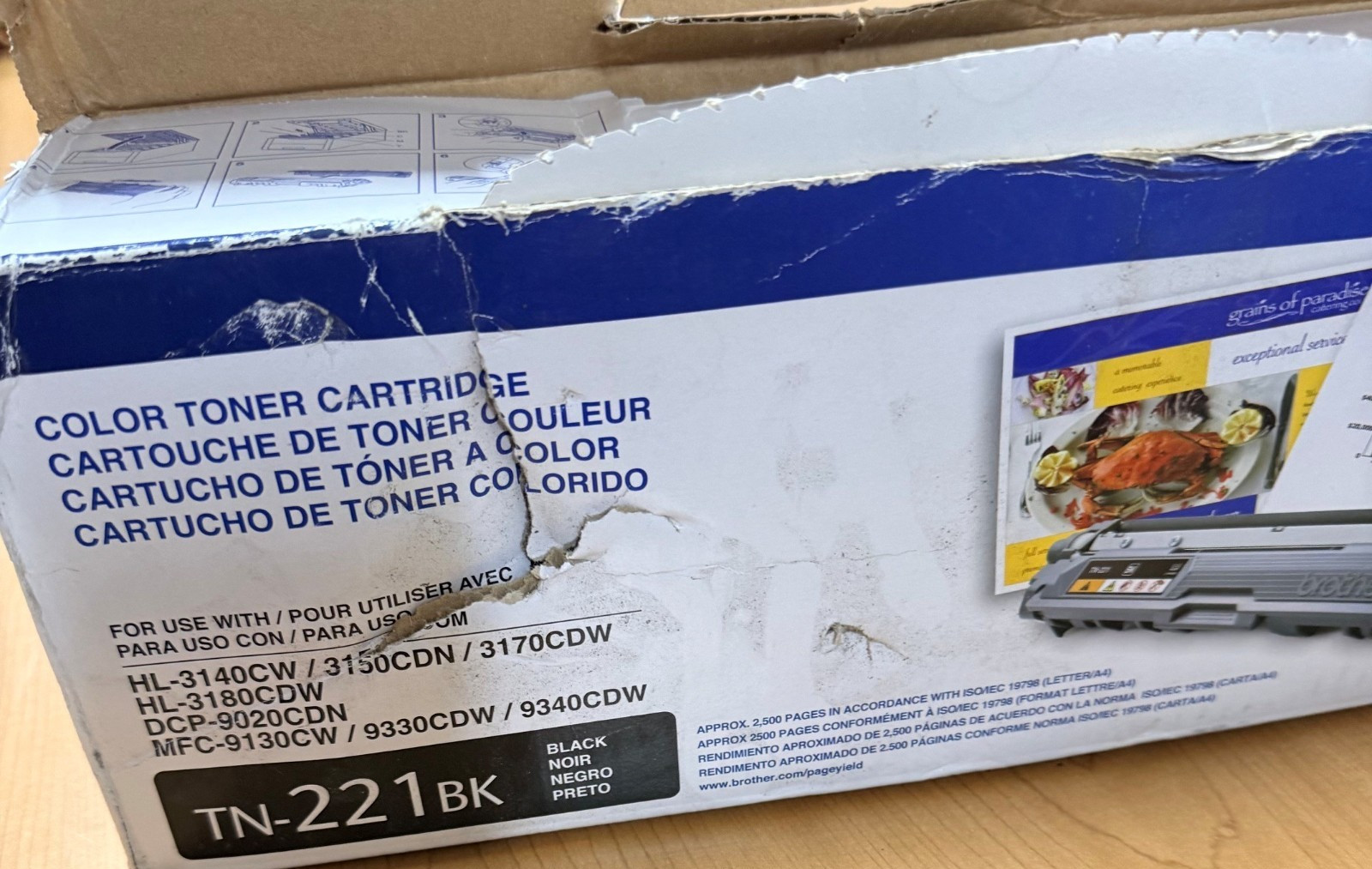 Genuine Brother TN221K Black Damaged Open Box. Toner never removed Sealed Foil