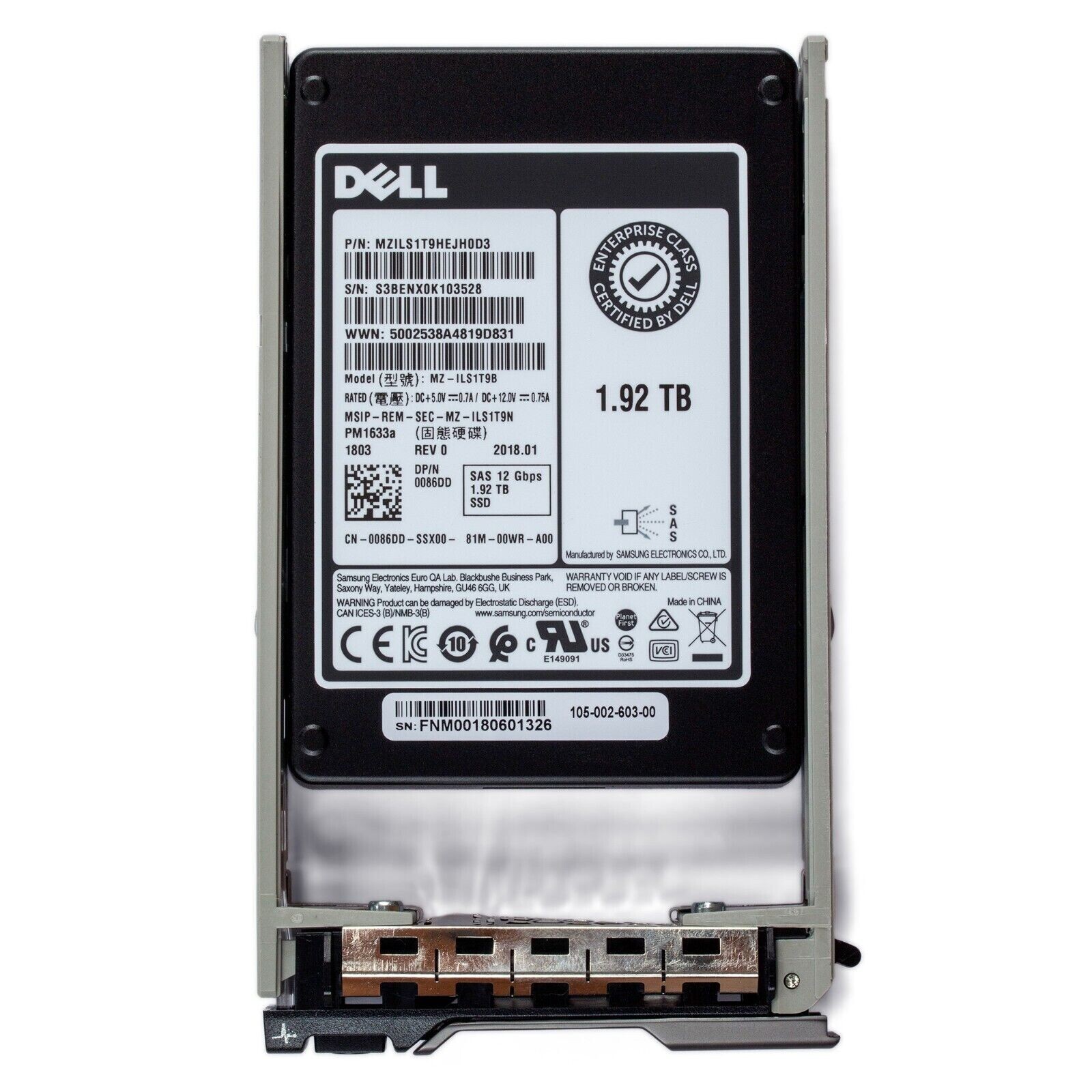 Dell 14G 1.92TB 2.5″ Enterprise SAS 12Gbps Hotplug SSD Samsung PM1633a 086DD TLC