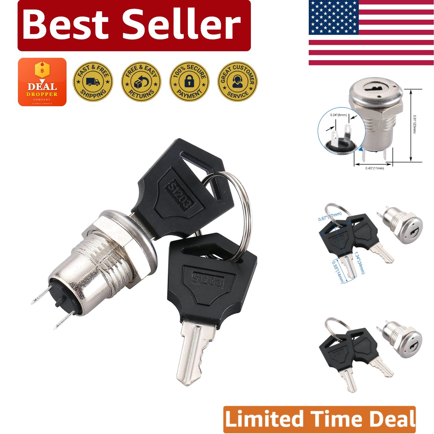 Zinc Keylock Switch Pack of 2 with 11mm Mounting – On-Off for Electrical Devices