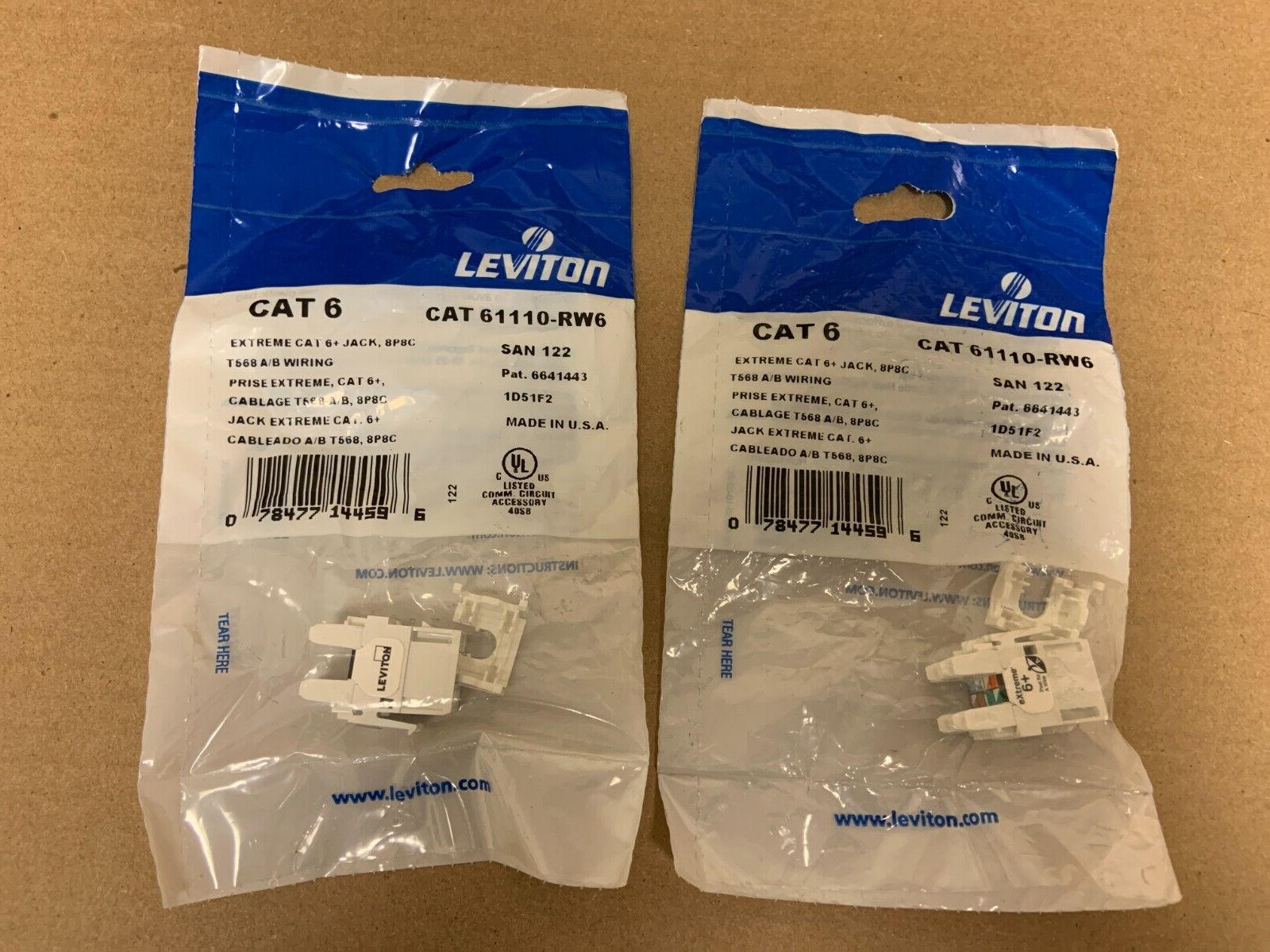 Lot of 2 Leviton 61110-RW6 Extreme Cat 6 QuickPort Jack, White