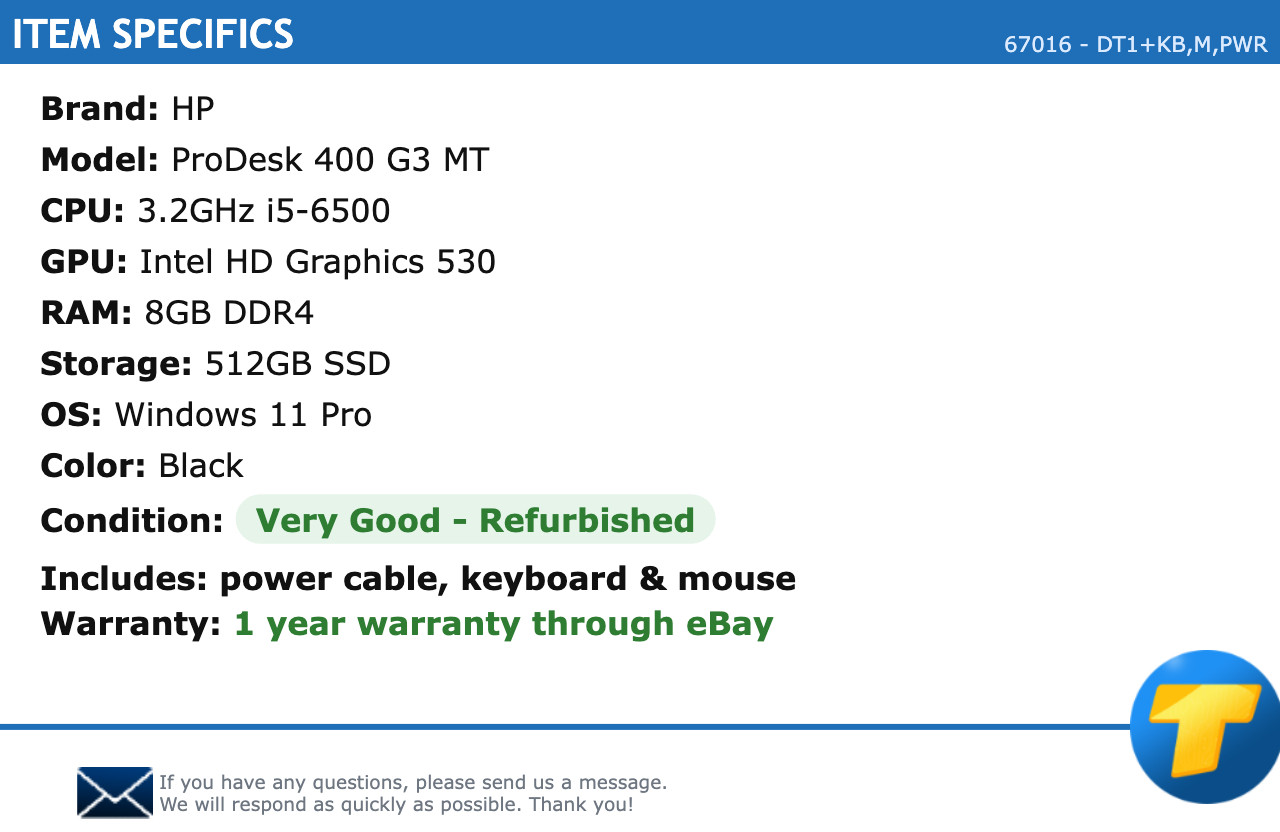HP ProDesk 400 G3 MT – 3.2GHz i5 8GB RAM 512GB SSD Windows 11 Pro