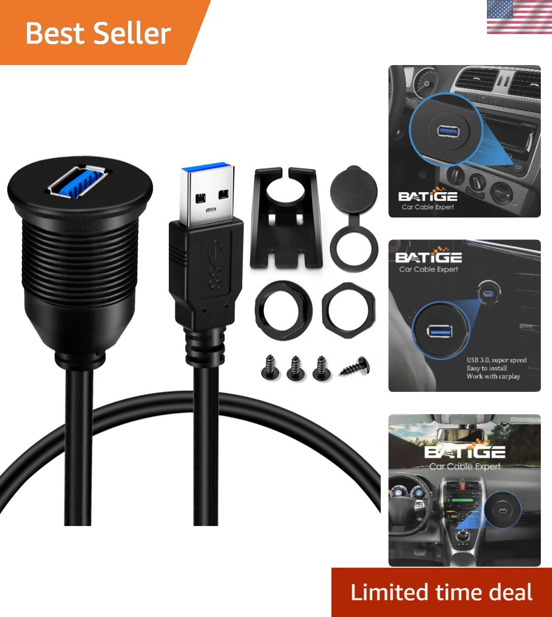 3ft USB 3.0 Male-Female Flush Mount Cable for Car Dashboard – Waterproof Utility