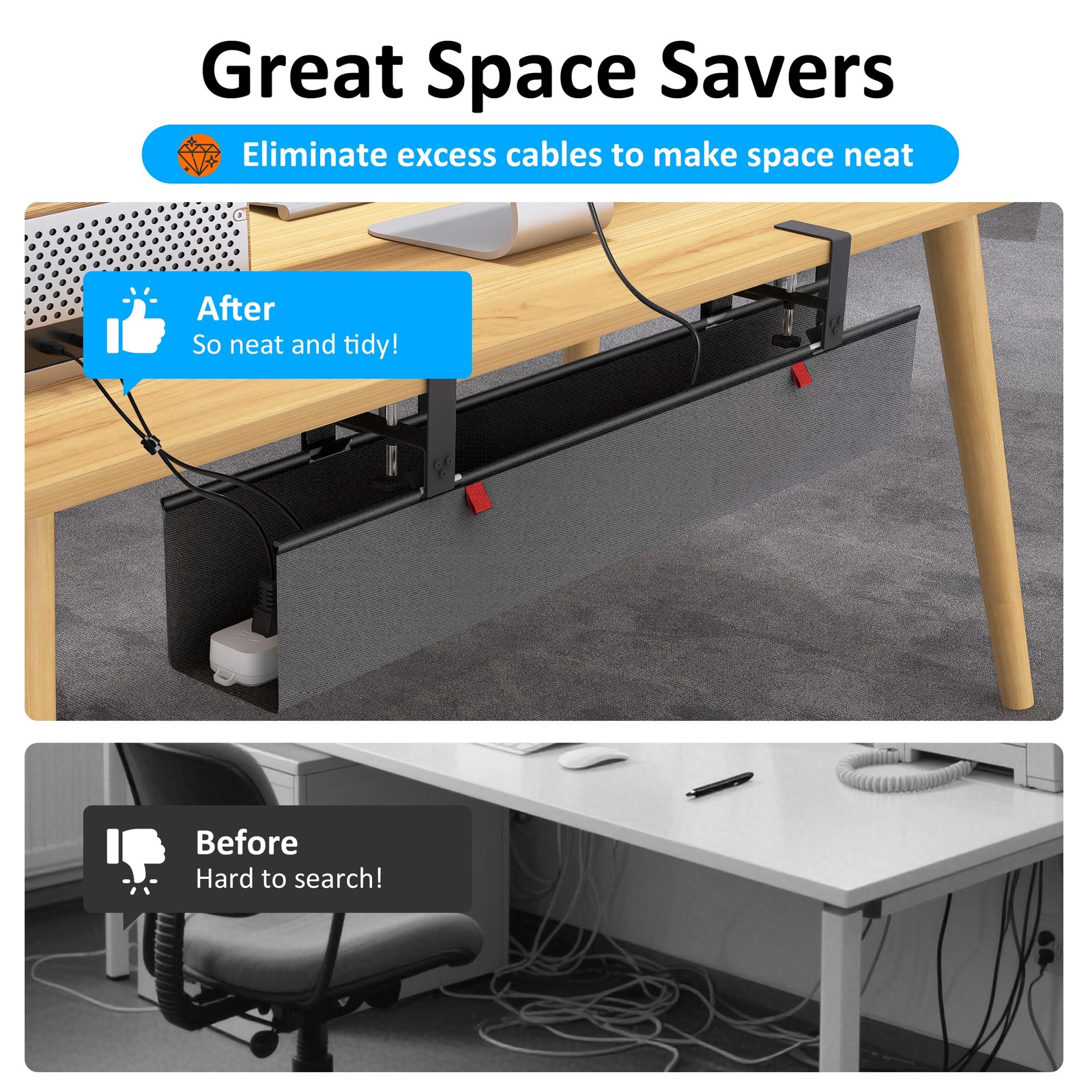 35.8×5.6 Inch Under Desk Cable Management Tray Fabric Wire Raceway Black