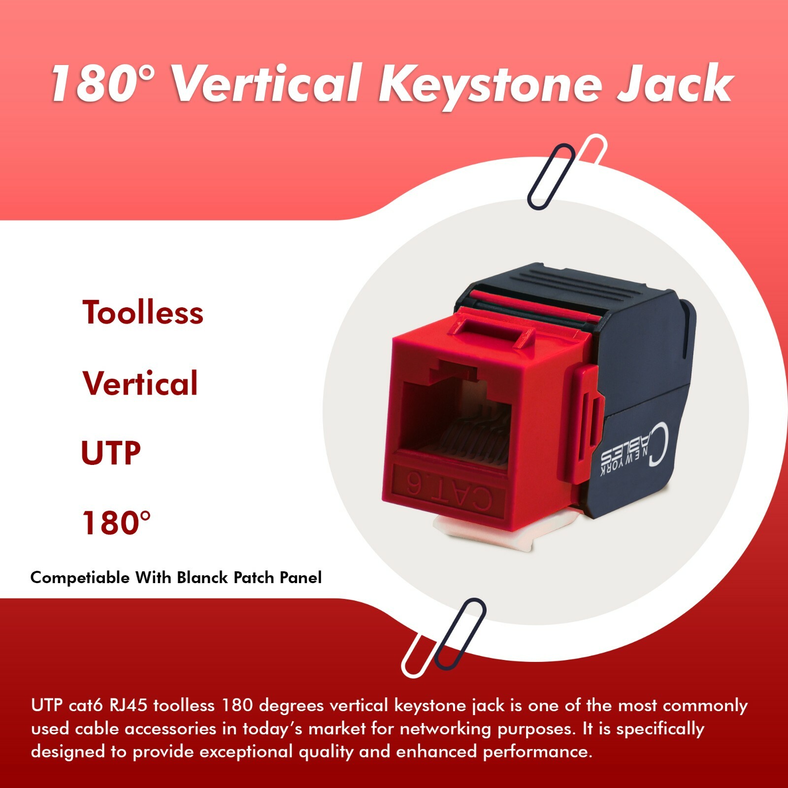 Cat6 Keystone Jack RJ45 Vertical 180 Degree Network Ethernet Adapter 10 Pack Red