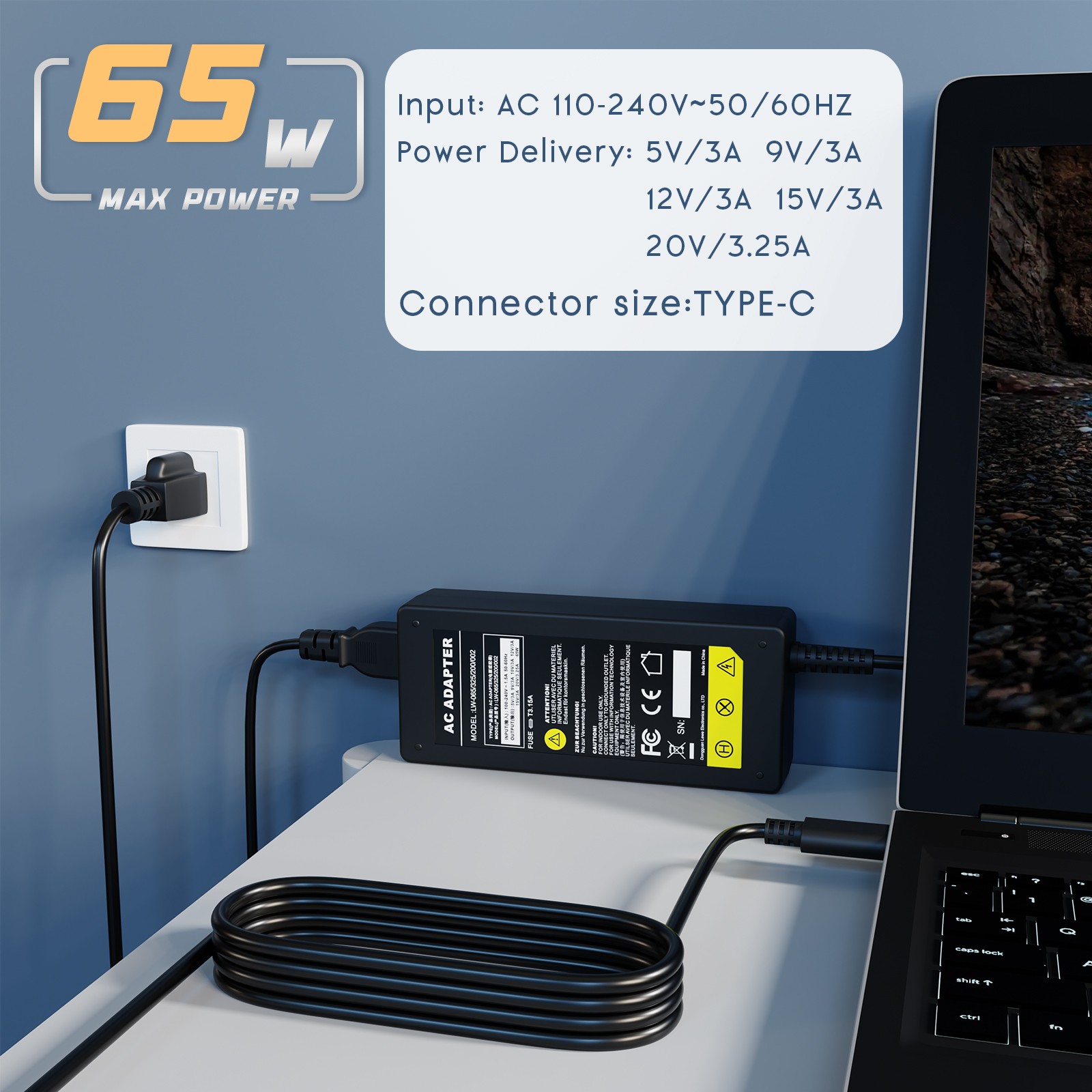45W65W USB-C Type-C Adapter Laptop Charger For Lenovo/HP/Samsung/Acer Chromebook