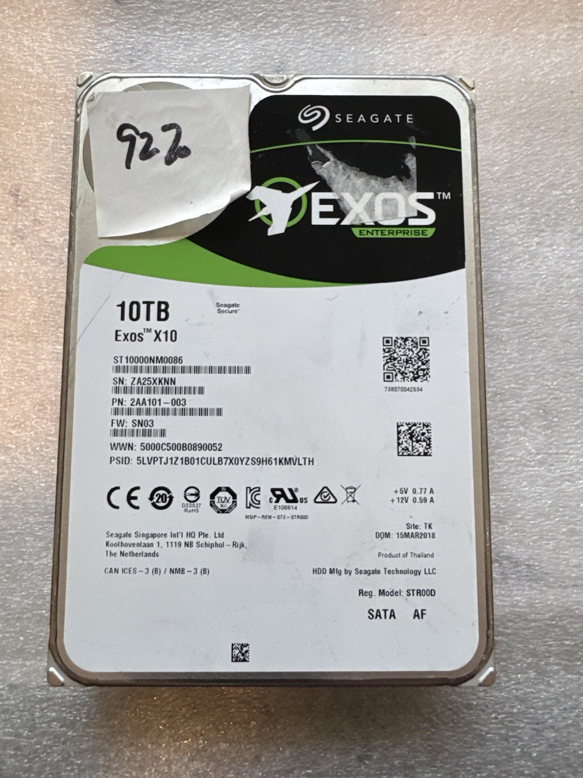 Seagate Exos X10 10TB SATA 6.0Gb/s 3.5″ Internal HDD ST10000NM0086 92% Health