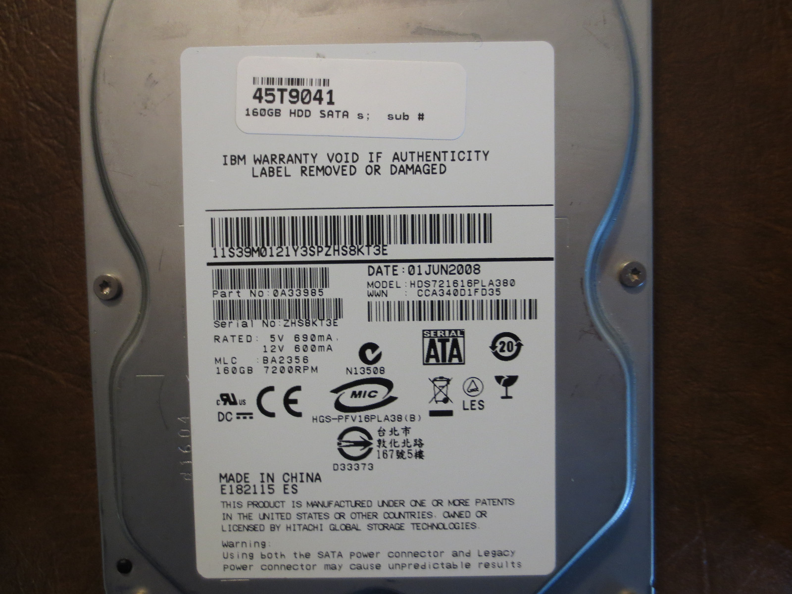IBM HDS721616PLA380 PN:0A33985 MLC:BA2356 160gb 3.5″ Sata HDD