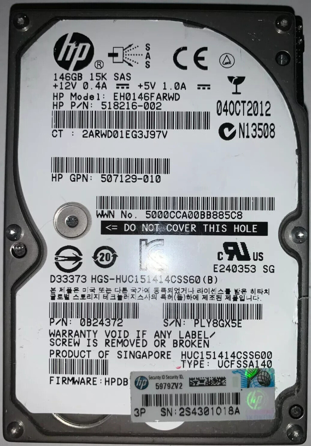 HP SAS 15K 146GB HDD 2.5″ EH0146FARWD PN:518216-002