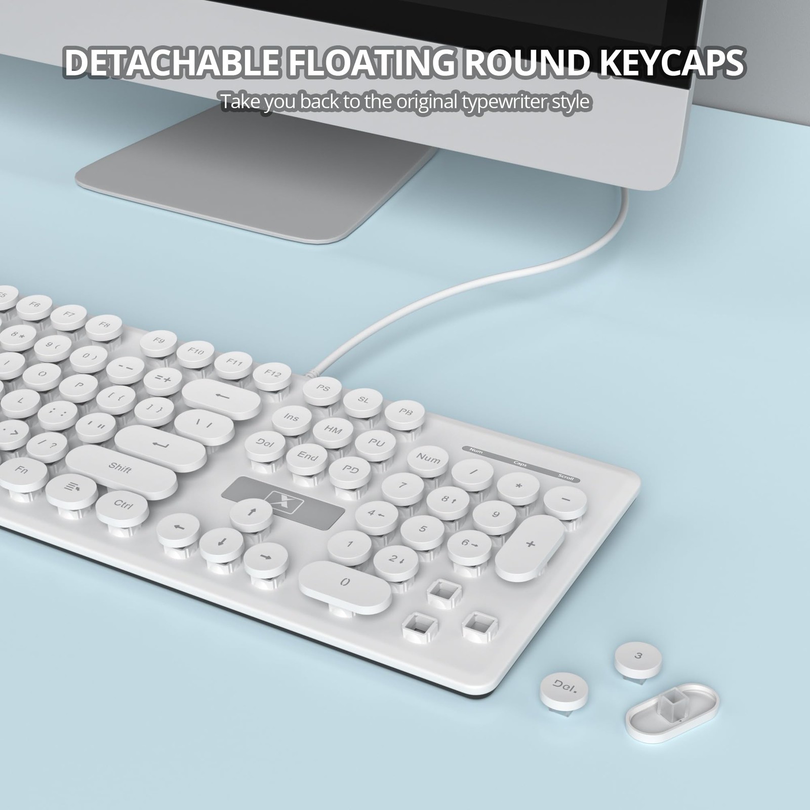 White Wired Retro Typewriter Keyboard 104 Round Keys Blue LED Backlit PC Mac