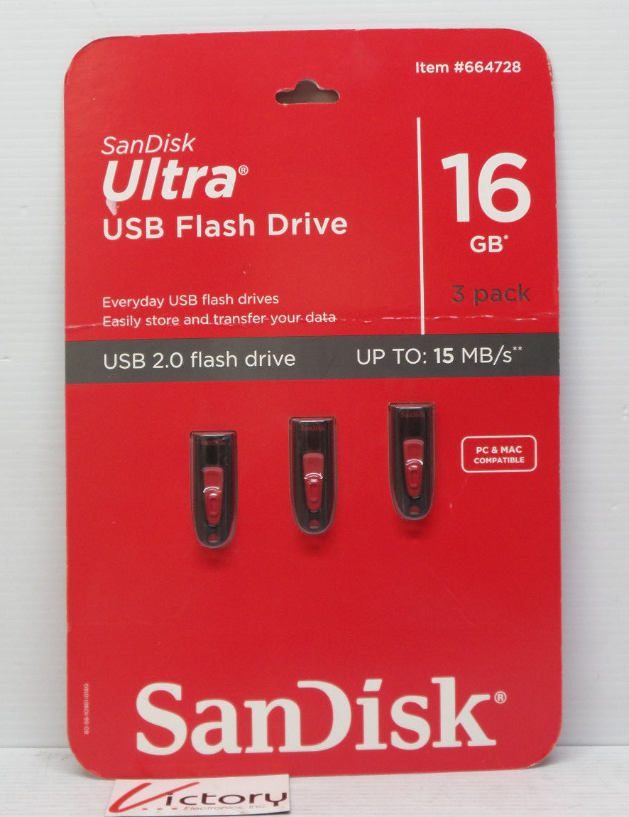 NEW 3 Pack SanDisk Ultra USB 2.0 Flash Drive 16GB Up To 15MB/s V34