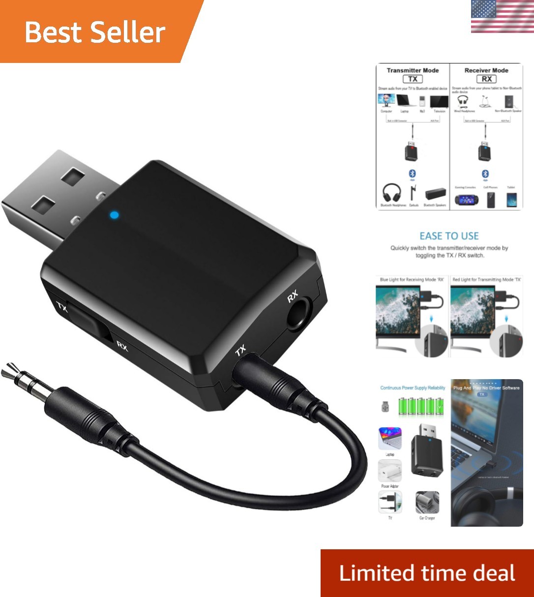 HiFi 3 in 1 Wireless Audio Adapter for TV, PC, & Car – USB Powered Bluetooth 5.0