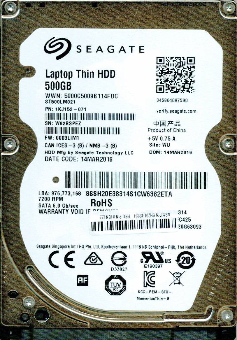 ST500LM021 1KJ152-071 0003LIM1 WU, W62, SEAGATE SATA 500GB