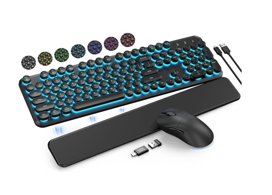 Wireless Backlit Keyboard and Mouse -Typewriter Keyboard Magnetic Wrist Rest