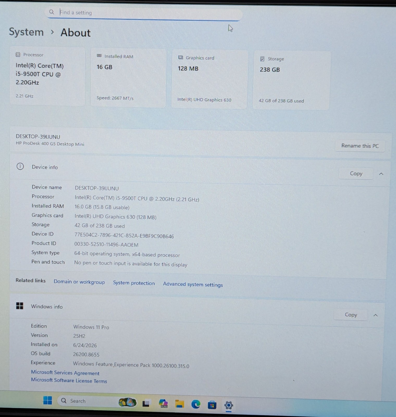 HP ProDesk 400 G5 Mini Desktop i5-9500T 2.20GHz 16GB RAM 256GB NVMe Win 11 Pro