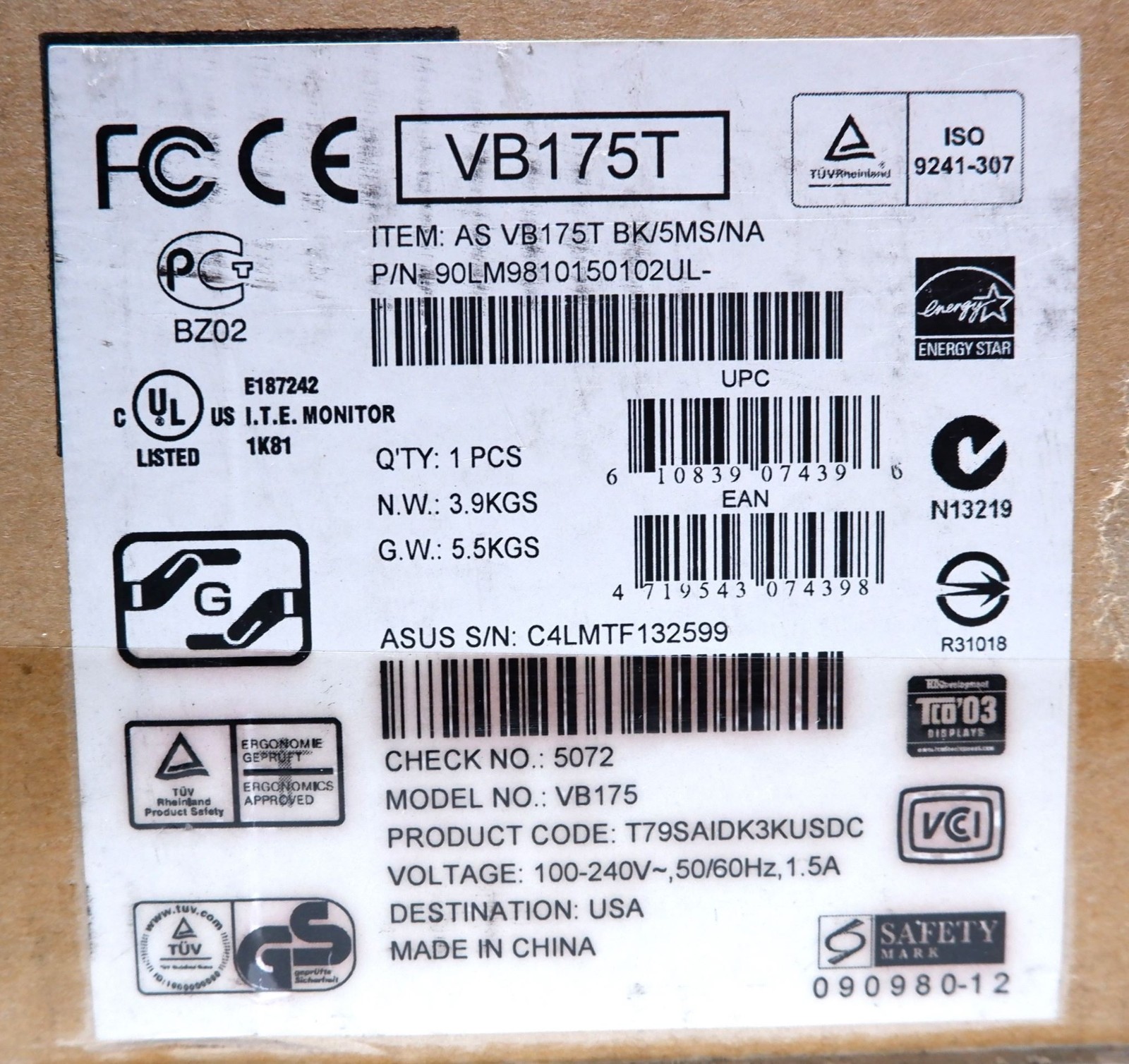 ASUS VB175T LCD MONITOR W/SPEAKERS 1280×1024 50000:1 DVI-D D-SUB 250 CD/M2, NICE
