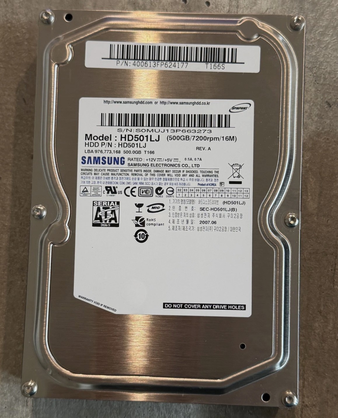 Samsung Spinpoint 500GB 3 1/2″ Desktop Hard Drive Model HD501LJ Rev A 2007