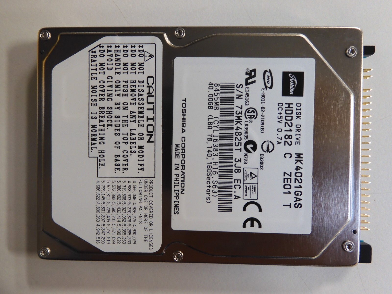 TOSHIBA MK4021GAS 40.0GB IDE 2.5″ HDD. 9.5MM. HDD2182