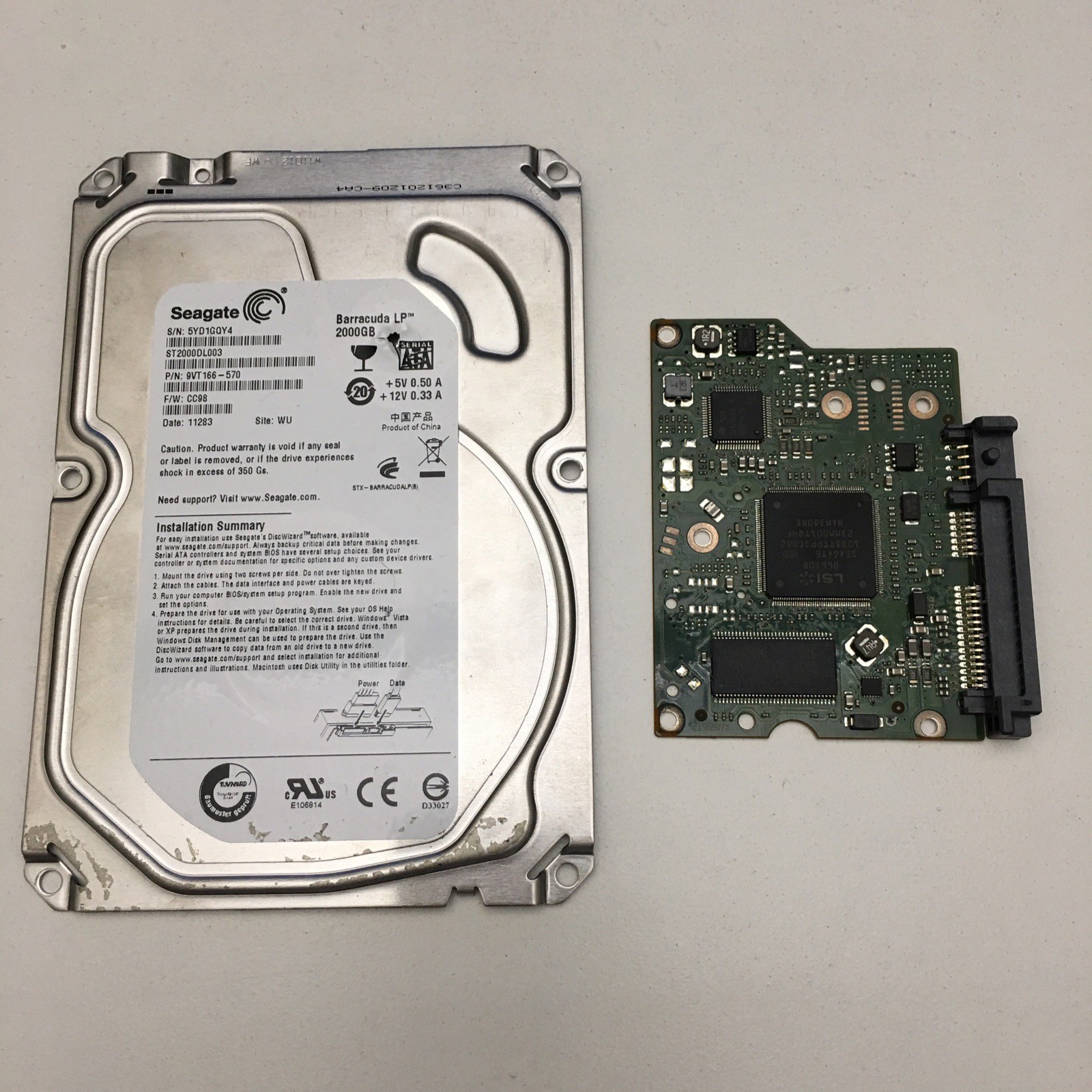 Seagate DATA RECOVERY PCB Hard Drive Repair Board ST2000DL003 CC98 WU 9VT166-570