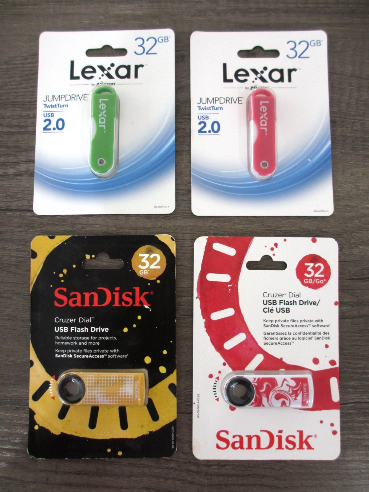 Lot of 4 USB Flash Drives 32GB Lexar SanDisk New Sealed JumpDrive Cruzer