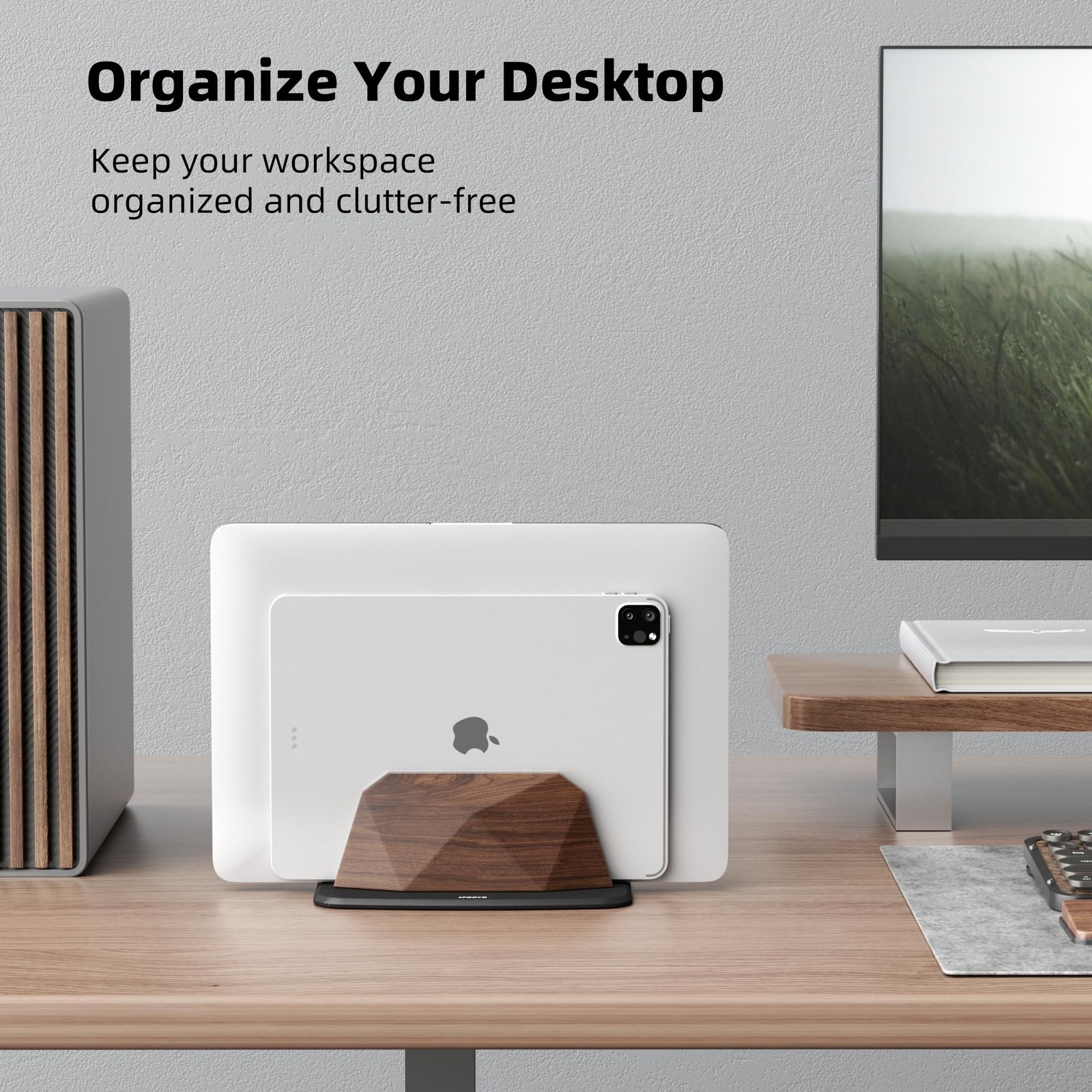 Vertical Laptop Stand Walnut Adjustable Holder Desktop Dock Wood Compatible