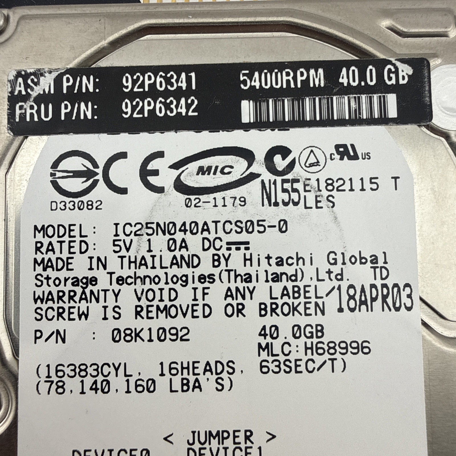 IBM Travelstar IC25N040ATCS05-0 40GB 2.5″ ATA IDE Internal Hard Drive