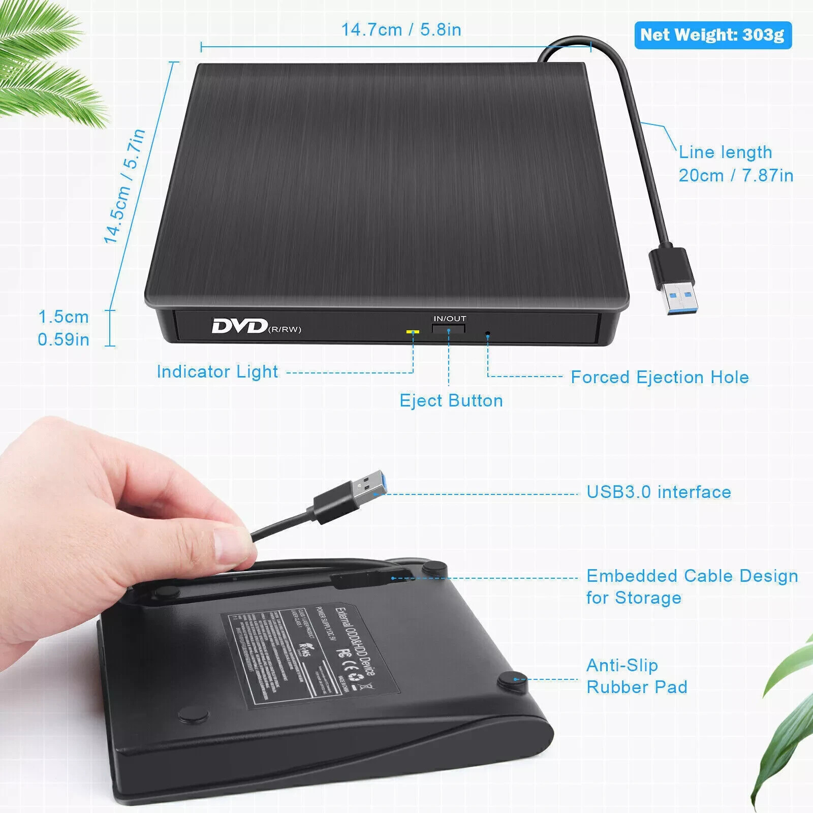 Slim External CD DVD Drive USB 3.0 Disc Player Burner Writer For Laptop PC Mac