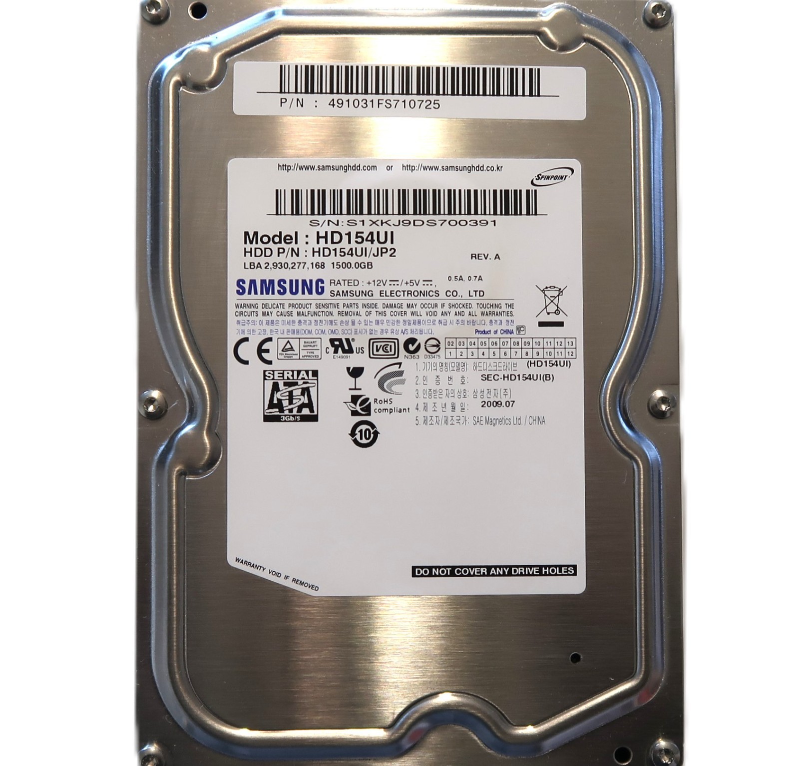Samsung HD154UI HD154UI/JP2 REVA (S1XK) China 3.5″ 1.5TB Sata HDD 2009.07