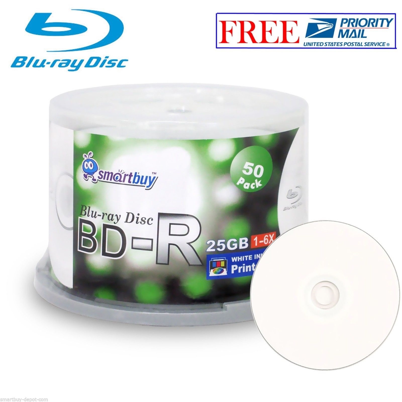 50 Pack SmartBuy BD-R BDR 6X 25GB Blu-ray White Inkjet Hub Printable Record Disc