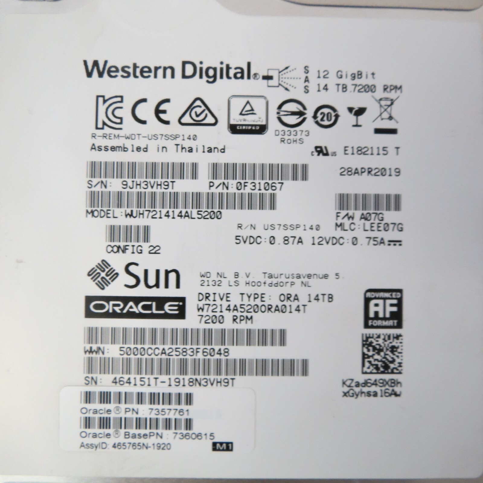 Sun ORACLE 7360615 14.0TB (14TB) 3.5″ 7200 RPM 12Gb/Sec SAS HDD WUH721414AL5200