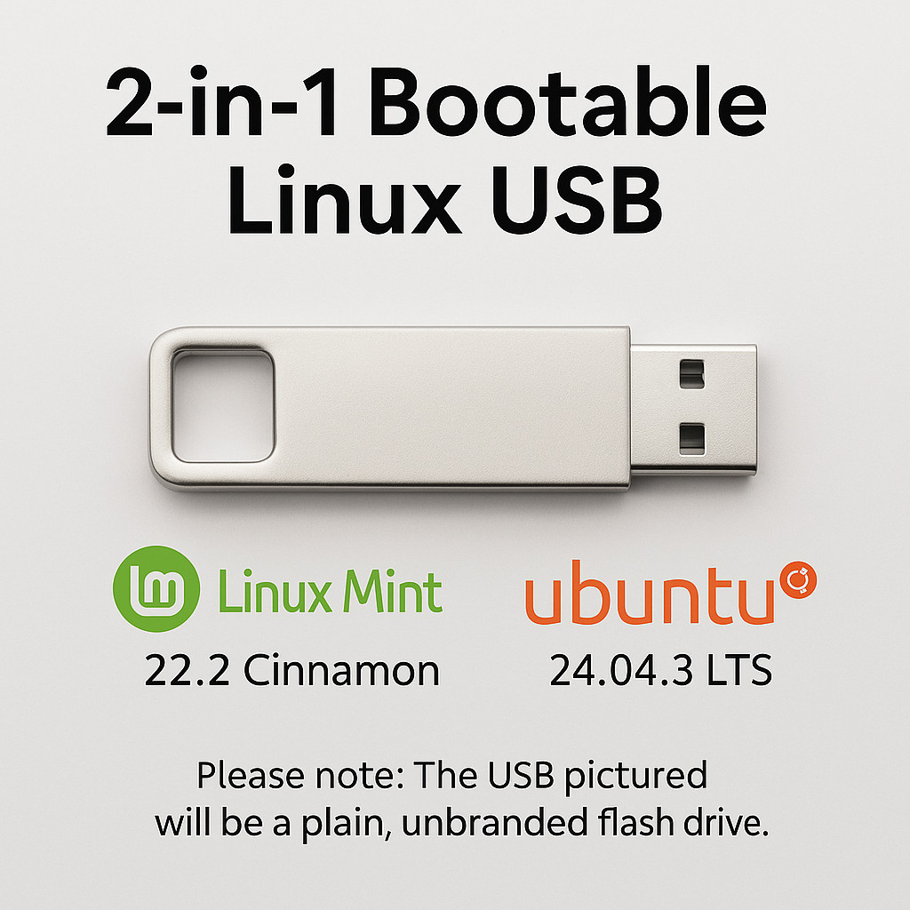 Linux Mint 22.2 Cinnamon + Ubuntu 24.04.3 LTS – Bootable / Live USB / 2-in-1