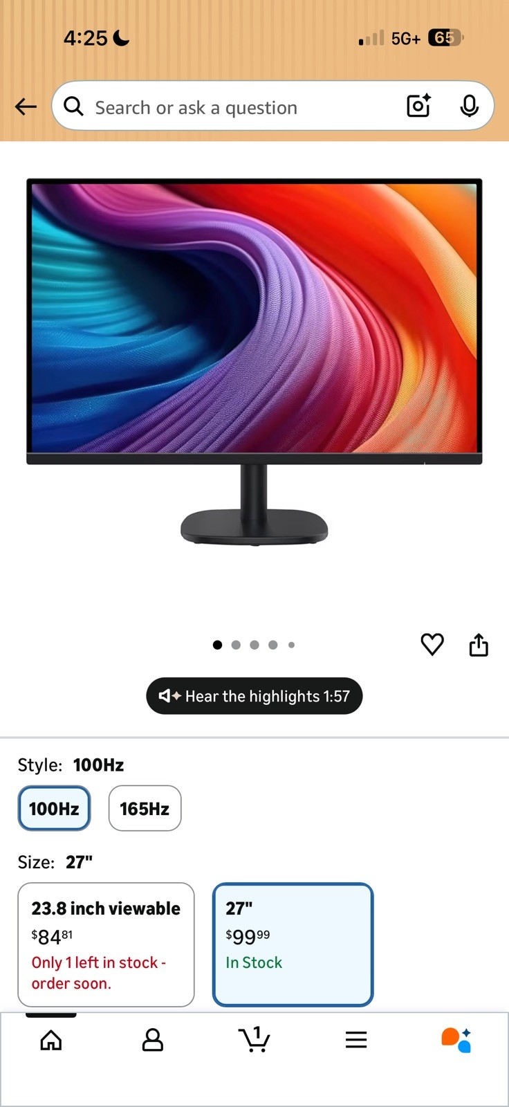 Amazon Basics 27 Inch Monitor FHD 1080P 100Hz Built-in Speaker Black