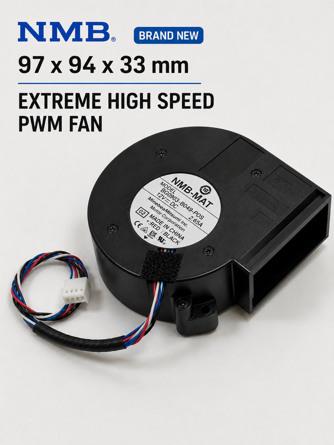 NMB 97x94x33mm Extreme High Performance PWM Blower Fan 12V 2.65A 6500 RPM Ball