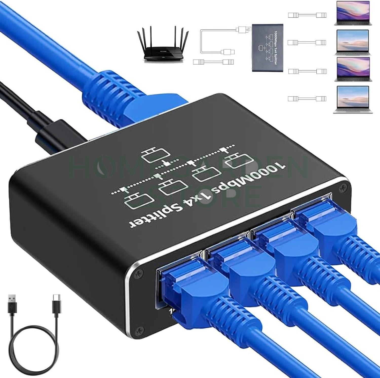 RJ45 Gigabit Ethernet Splitter 1000Mbps LAN Network Internet 1 to 4 Out Adapter