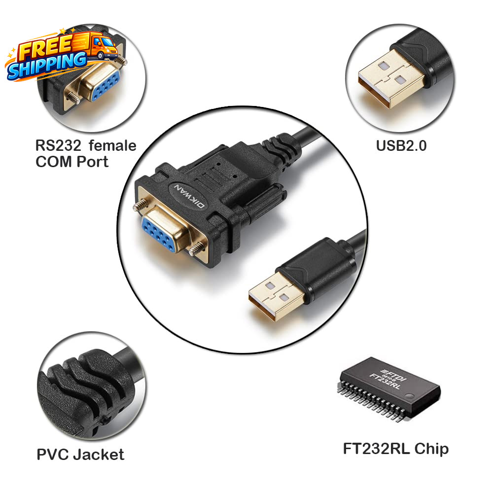 USB to RS232 Serial Adapter with FTDI Chipset USB 2.0 to Female DB9 Serial