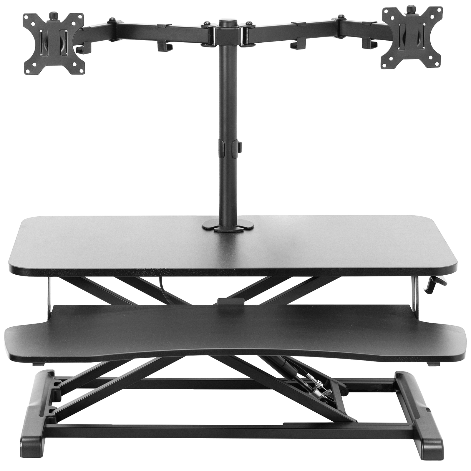 VIVO Black 32″ Standing Desk Riser with Adjustable Dual 13″ to 30″ Monitor Mount